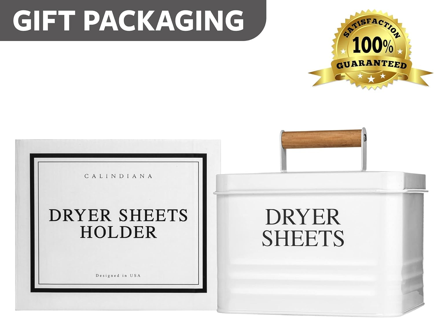 Modern Farmhouse Metal Laundry Dryer Sheets Holder Fabric Softener Dispenser with Lid for Laundry Room Decor and Accessories and Space Saving Laundry Organization and Storage, White