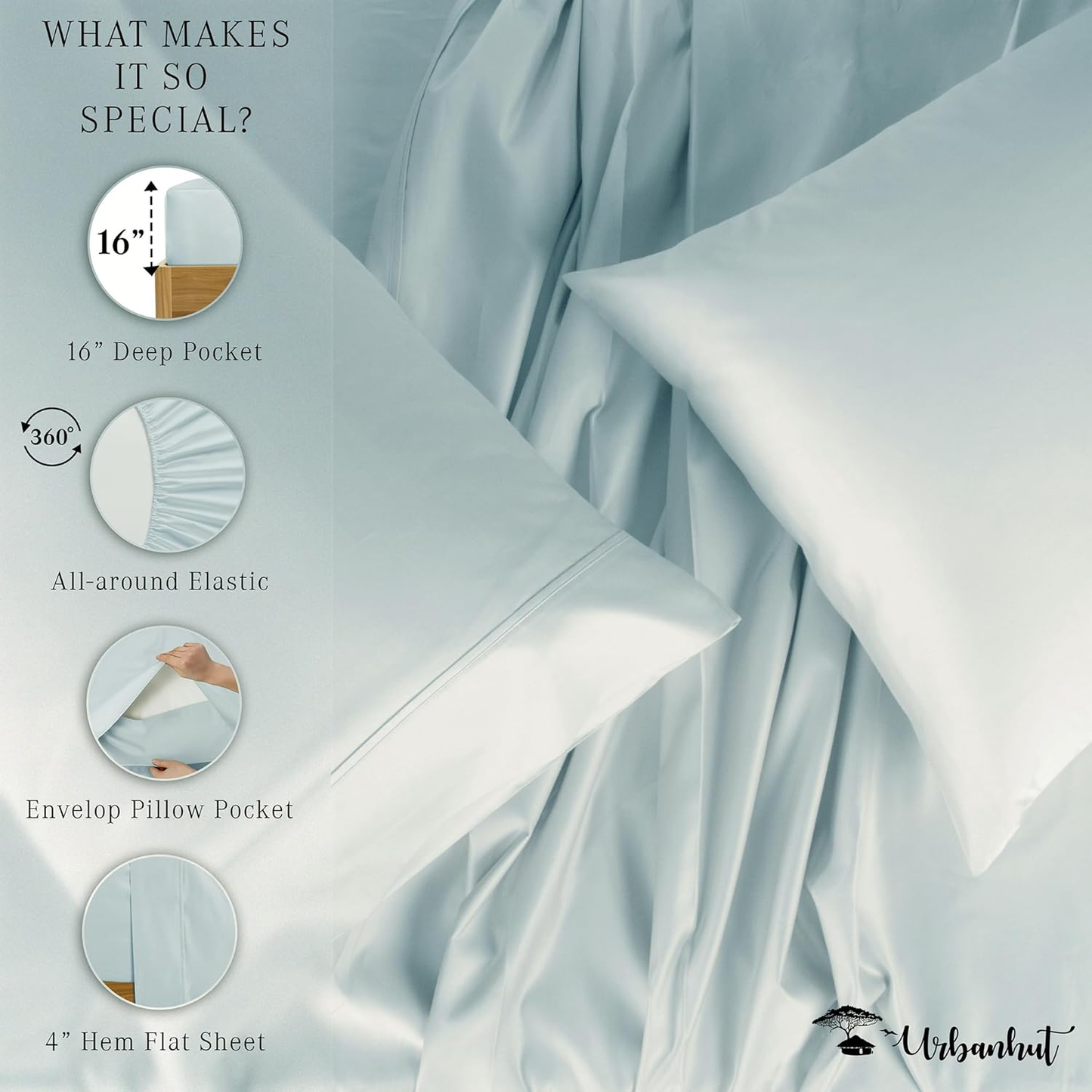1000 Thread Count California King Sheet Set Egyptian Cotton, Long Staple Soft & Breathable, 4 Pc Bed Sheet Sets, Luxury Hotel Sateen Sheets Fits 16" Deep Pocket - Light Blue
