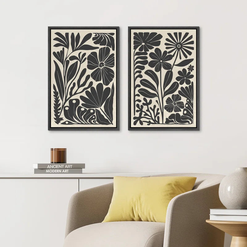 Abstract Botanical " Unique Black and White Floral Modern Boho Framed Canvas Print 2 Pieces Wall Art