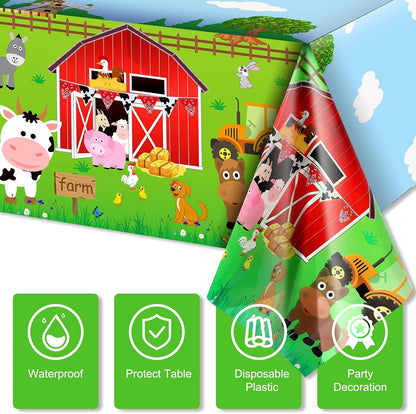 Farm Animals Party Tablecloth Farmhouse Disposable Plastic Table Cover Barnyard Farm Animal Theme Party Decorations for Baby Shower Birthday Party Supplies, 108 X 54 Inch (Red,1 Piece)