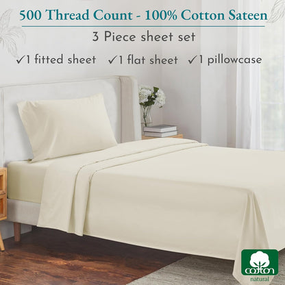 Twin Size Sheet Set - 100% Cotton 500 Thread Count, Cooling Deep Pocket Bed Sheets with Fitted Elastic Sheet, Extra Soft Luxury Hotel Quality - Ivory