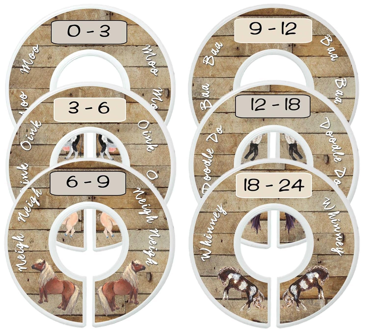Baby Nursery Closet Dividers, Barnyard Themed, 6 Piece Set, Plastic, Multicolor, 3.5 in Height and Width, 1 3/8 in Diameter Opening