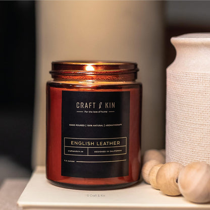 English Leather Scented Candles for Men & Women | Soy Candles for Home Scented,Leather Candle, Men Candles for Bedroom, 8 Oz 45 Hour Burn Long Lasting Candles, Masculine Candle, Mens Candles for Home