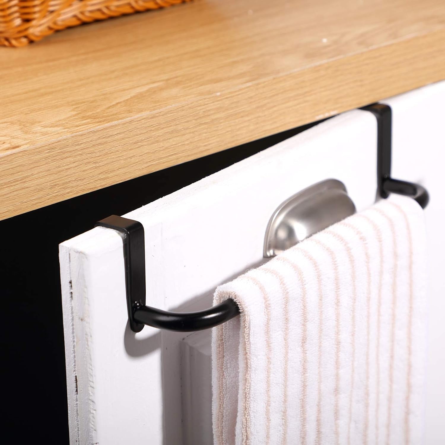 2 Pieces Metal Towel Bar Kitchen Cabinet Towel Rack Strong Steel Towel Bar Rack for Hanging on inside or outside of Doors, Home Kitchen Bathroom, Hand Towels, Dish Towels and Tea Towels (Black)