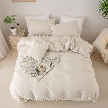 Beige Boho Comforter Set Pom Pom Comforter Queen Aesthetic Room Decor Cute Ball Fringe Farmhouse Bedding Set Queen Ultra Soft Microfiber Lightweight Comforter Set(Beige,Queen)