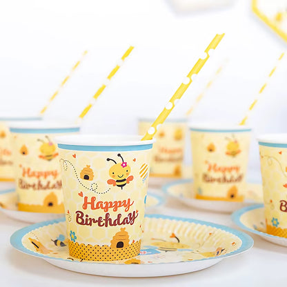 Cute Cartoon Honey Bee Disposable Tableware Plate Cup Kids Birthday Party Decorations Yellow Baby Bee Day Supplies