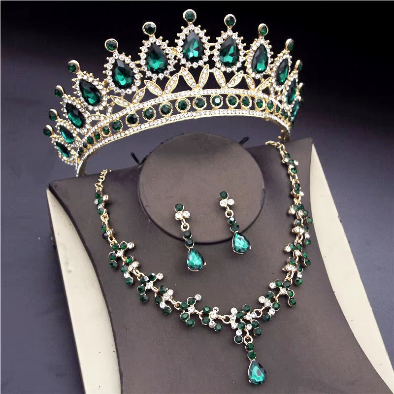 Luxury Crystal Bridal Jewelry Sets for Women Pink Tiaras Necklaces Earrings Set Bride Wedding Dress Birthday Crown Set Accessory