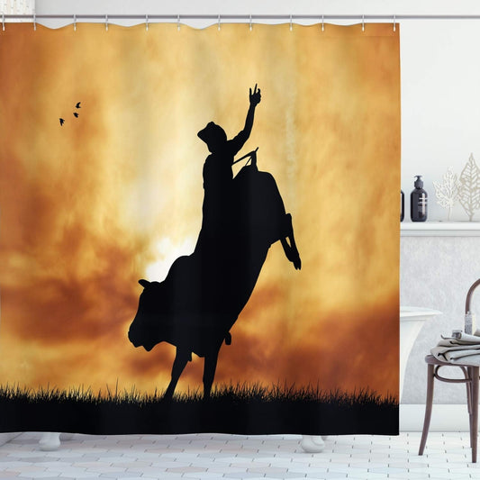 Western Shower Curtain, Bull Rider Silhouette at Sunset Dramatic Sky Rural Countryside Landscape Rodeo, Cloth Fabric Bathroom Decor Set with Hooks, 69" W X 70" L, Amber Black