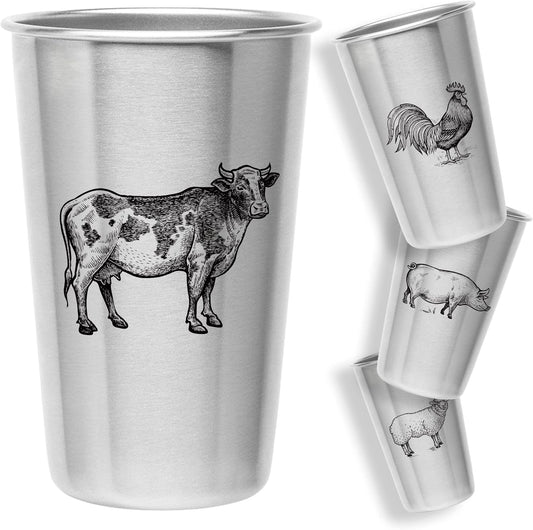Kid-Proof Cups (Farm Animal Designs) - Set of 4 Stainless Steel Cups (16Oz)