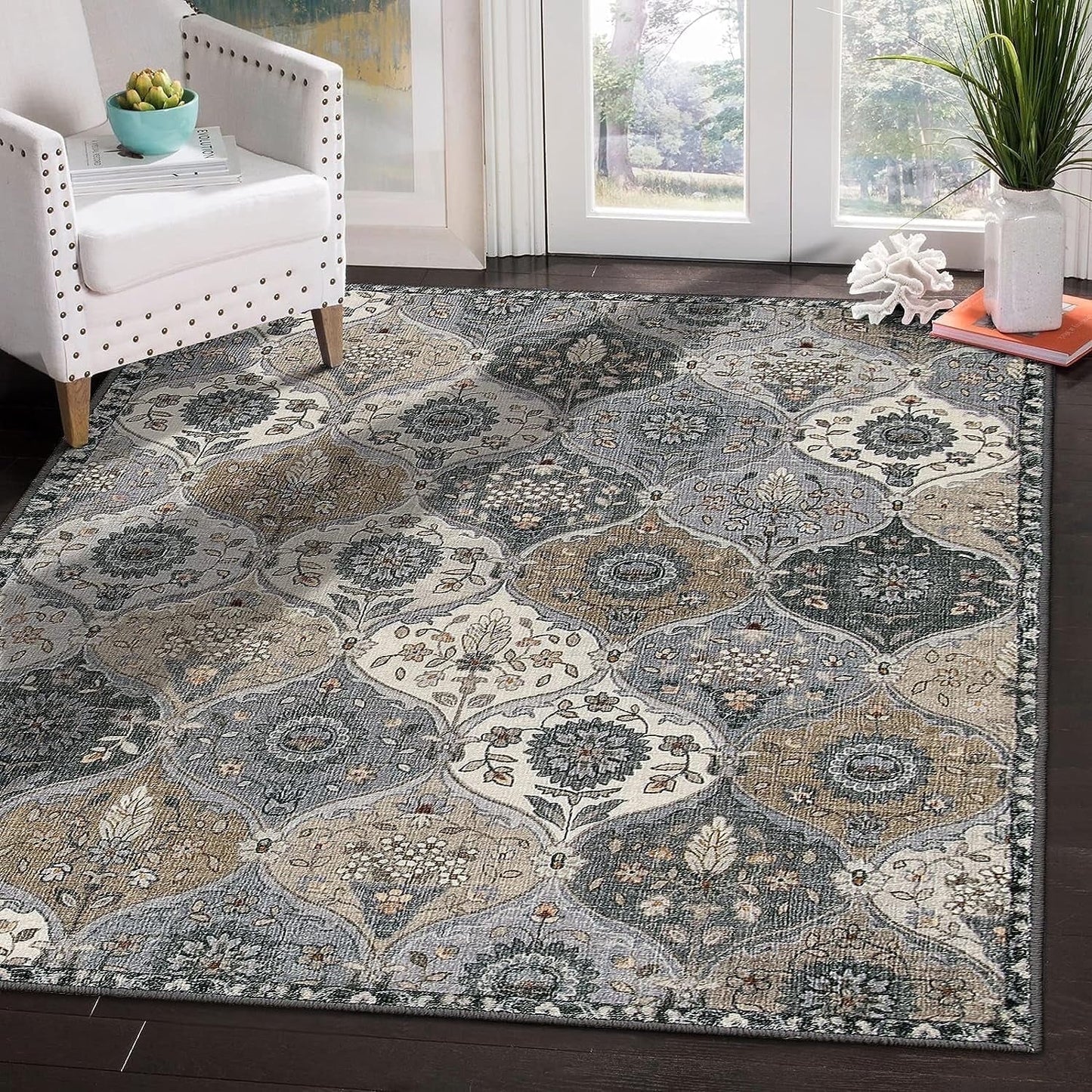 5'X7' Area Rug for Living Room Non-Slip Moroccan Indoor Washable Rug Ultra-Thin Foldable Soft Carpet Floral Accent Throw Rug for Kitchen Entryway Bathroom Bedroom Office Carpet,Grey