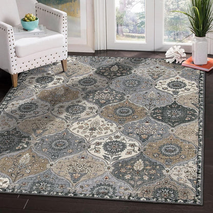 5'X7' Area Rug for Living Room Non-Slip Moroccan Indoor Washable Rug Ultra-Thin Foldable Soft Carpet Floral Accent Throw Rug for Kitchen Entryway Bathroom Bedroom Office Carpet,Grey