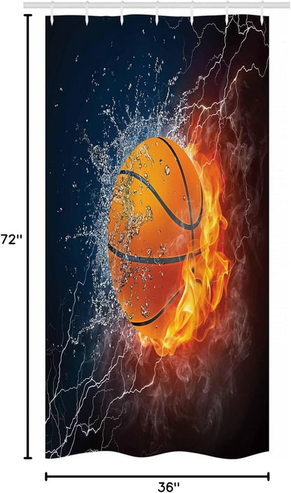 Sports Stall Shower Curtain, Basketball Ball and Water Splashing Thunder Lightning Themed Design, Fabric Bathroom Decor Set with Hooks, 36" W X 72" L, Dark Blue and Burgundy