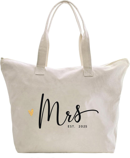 Mrs. Bag 2025 Future Mrs Bride Gifts for Wedding Engagement Bachelorette Party Honeymoon Bridal Shower Gifts for Bride to Be Tote Canvas Cotton Beach Shoulder Bag with Zipper and Pocket