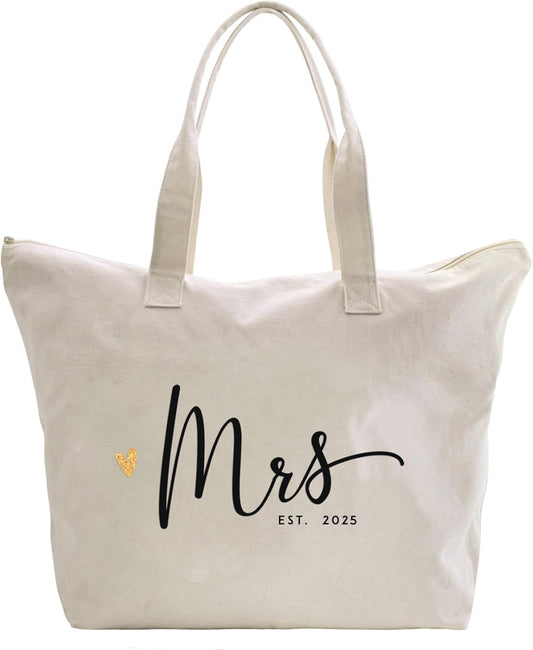 Mrs. Bag 2025 Future Mrs Bride Gifts for Wedding Engagement Bachelorette Party Honeymoon Bridal Shower Gifts for Bride to Be Tote Canvas Cotton Beach Shoulder Bag with Zipper and Pocket