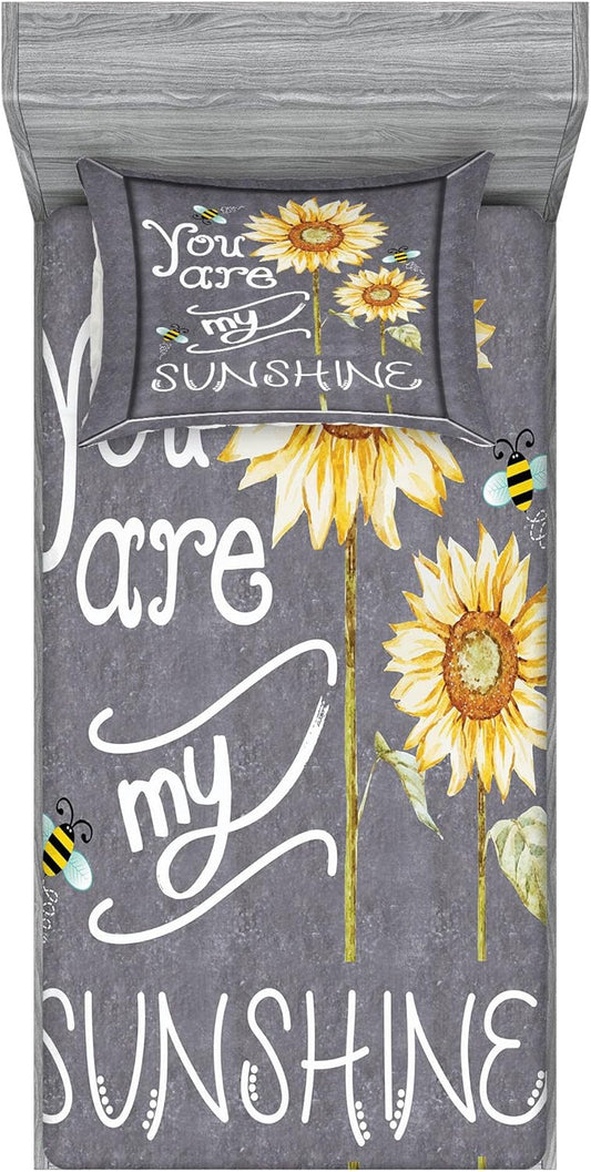 You Are My Sunshine Fitted Sheet & Pillow Sham Set, You Are My Sunshine Words on Blackboard Bees Sunflowers Vintage Image, Decorative Printed 2 Piece Bedding Decor Set, Twin, Yellow
