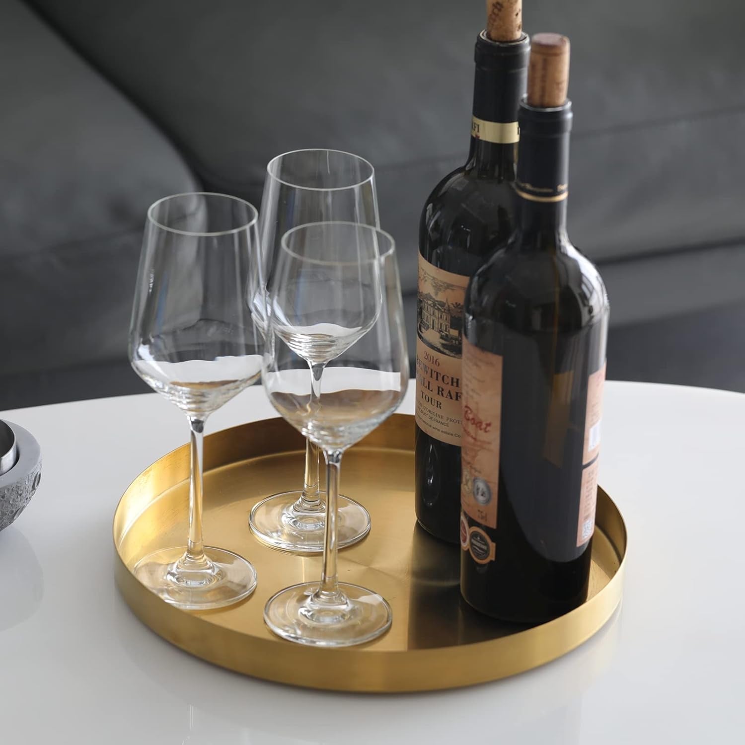 Metal round Decorative Tray, Perfume Jewelry Candle Organizer for Desk Vanity Countertop Bathroom Dresser Storage, Serving Platter for Kitchen Dinning Coffee Table, Brass Gold, 12 Inch