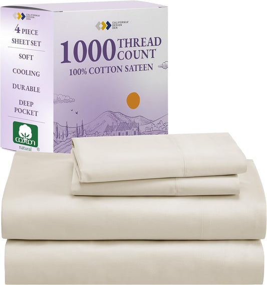 1000 Thread Count Queen Size Sheet Set, Winner Architectural Digest Best Sheet, 100% Cotton Sateen Luxury Bed Sheets, Softer than Egyptian Cotton (Ivory)