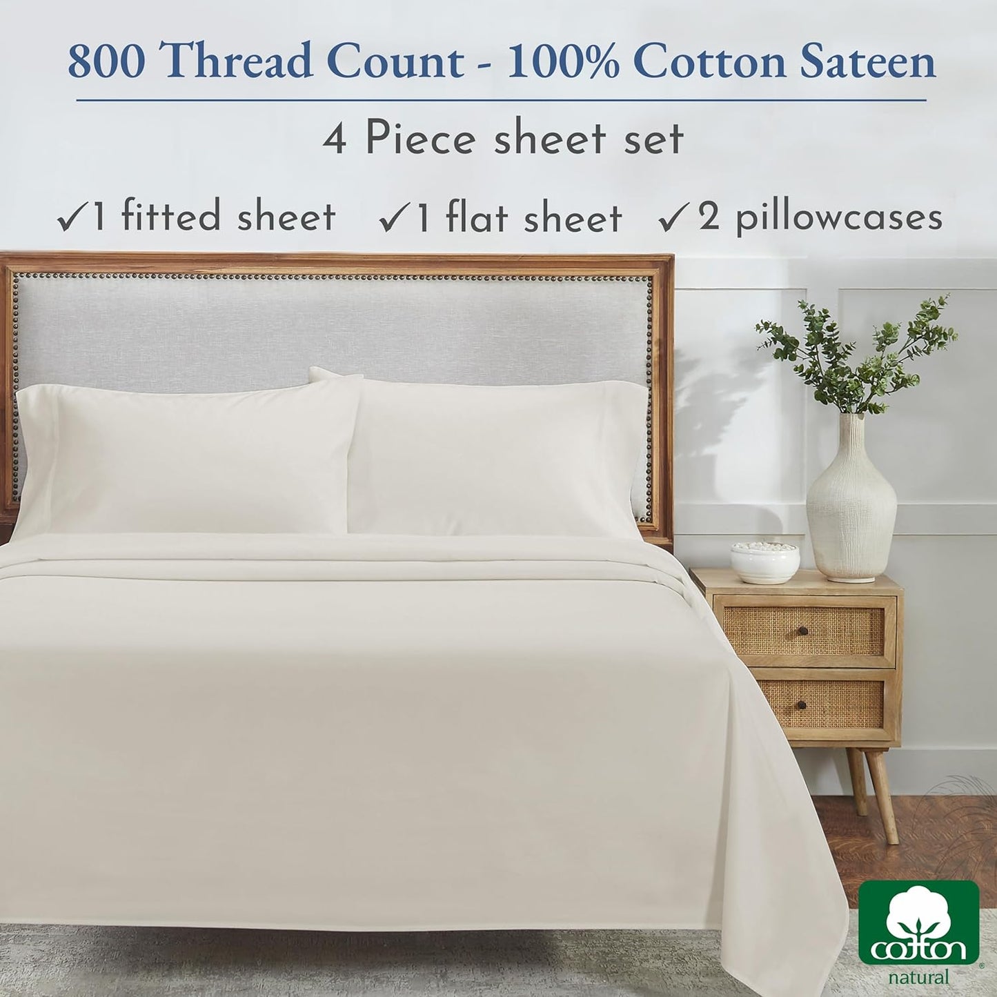 Luxury King Bed Sheets - Buttery Soft 800 Thread Count, 100% Cotton Bed Sheets Set - Beats Fake Egyptian Claims, Durable Deep Pocket Fitted Sheet (Ivory)