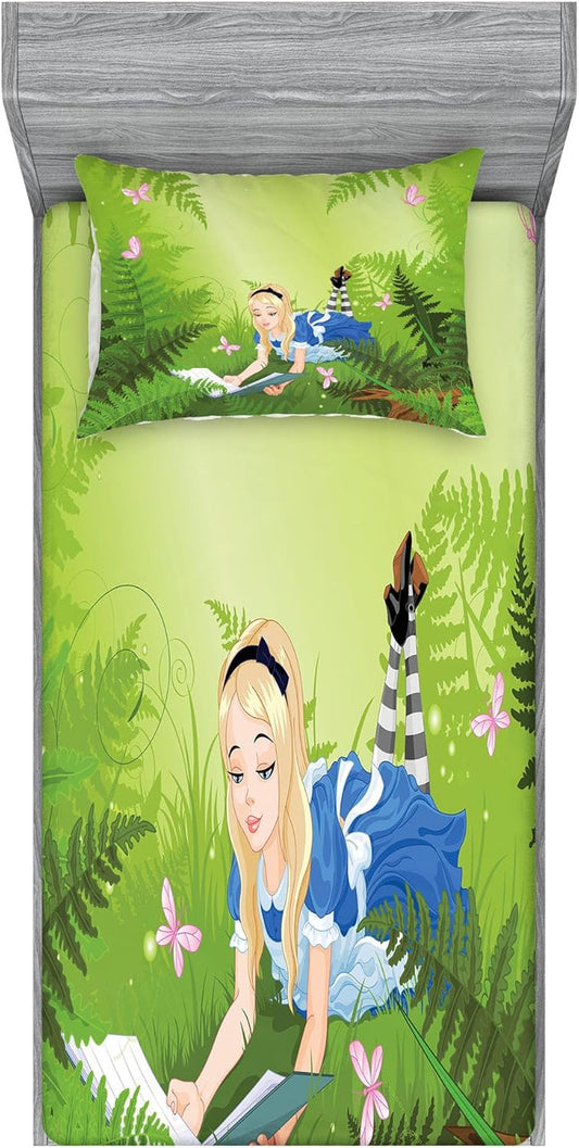 Alice in Wonderland Fitted Sheet & Pillow Sham Set, Cartoon Lady in Forest Butterfly Nature Magic Love Theme Art Retro, Decorative Printed 2 Piece Bedding Decor Set, Twin, Green Pink Blue