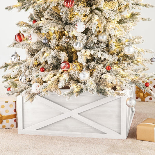 Washed White Wooden Tree Collar Tree Stand Cover Christmas Tree Skirt Tree Box, 32" L X 32" W