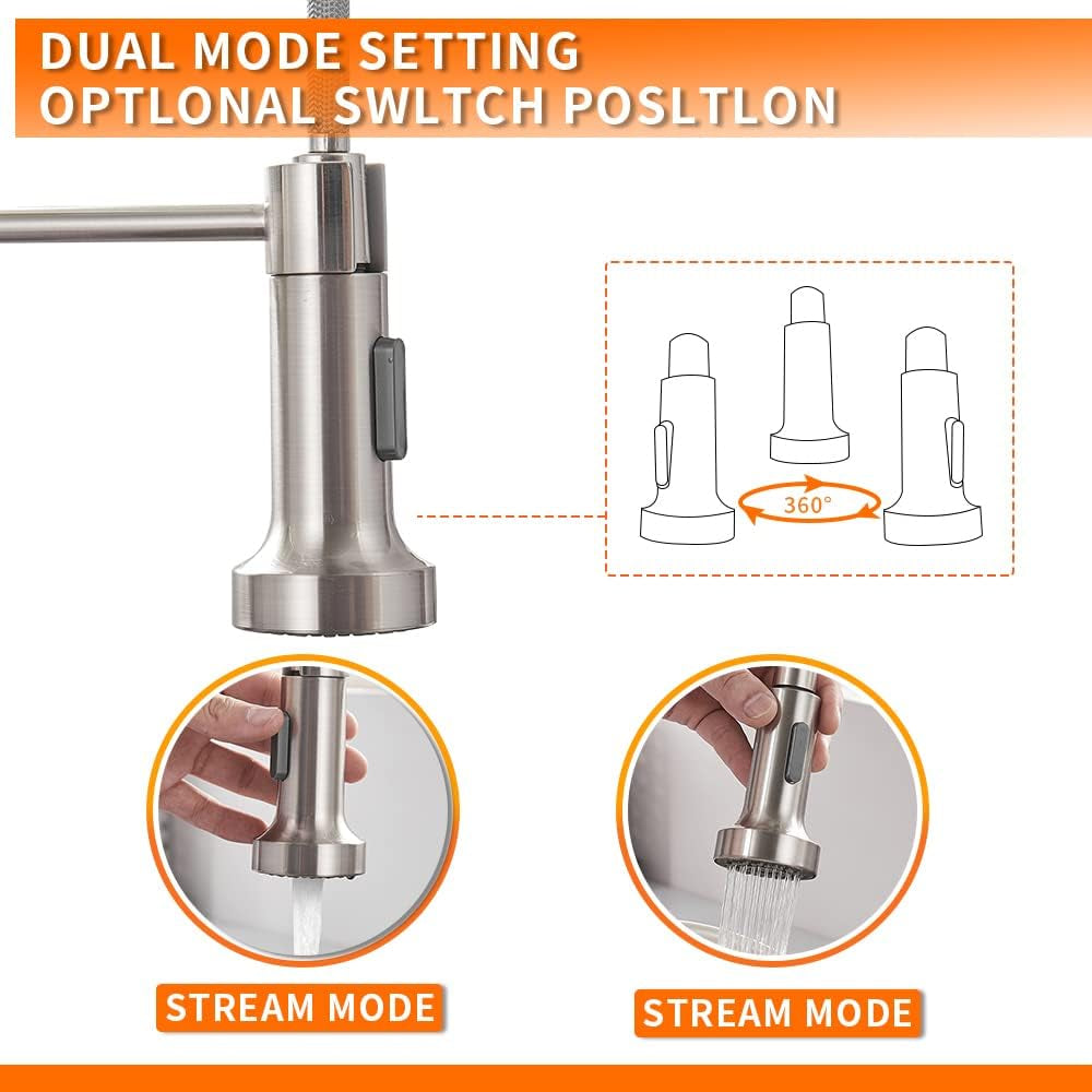 Kitchen Faucet Low Lead Commercial Solid Brass Single Handle Single Lever Pull Out Pull down Sprayer Spring Kitchen Sink Faucet, Brushed Nickel Kitchen Faucets 866053SN