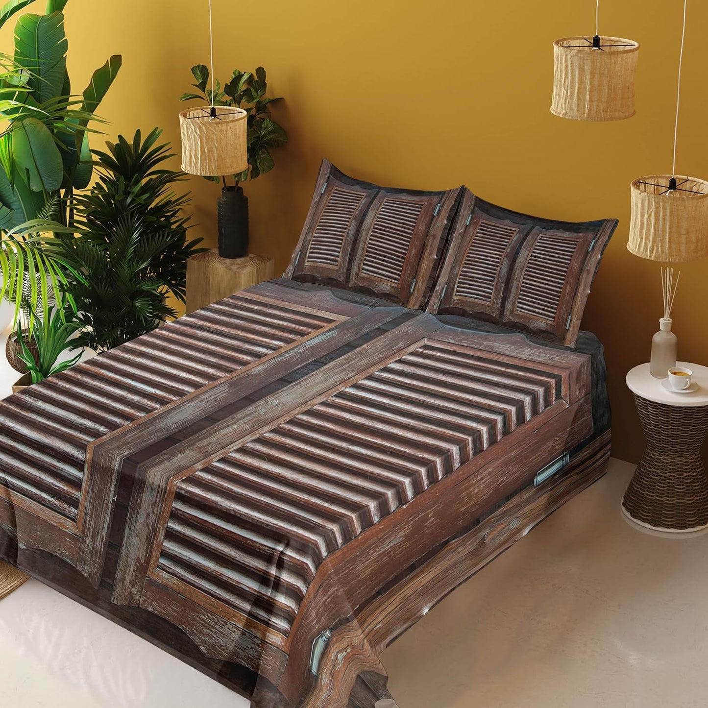 Western Sheet Set, Antique Themed Traditional Rustic Wild West Swinging Wooden Cowboy Bar Saloon Door, Fitted and Flat Sheet with Pillowcases Bedding Accent 4 Piece Set, Queen, Dark Brown