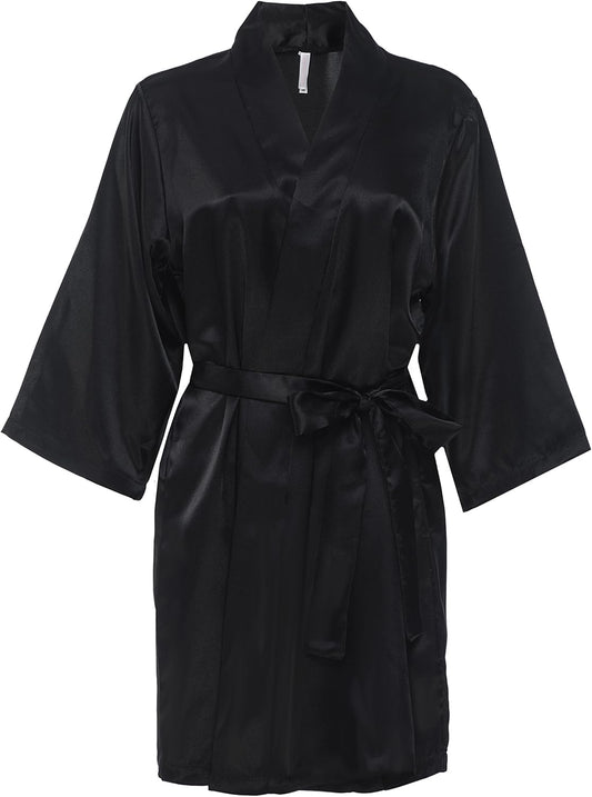 Bridesmaid Satin Bridal Party Robe with Rhinestones Black