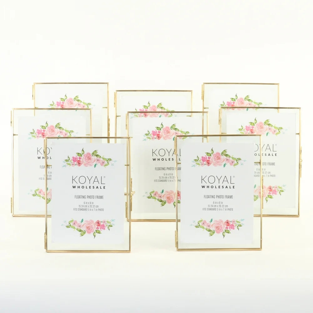 Gold Pressed Glass Floating Photo Frames 6 X 9 Inch, 8−Pack with Stands, Horizontal / Vertical Pictures