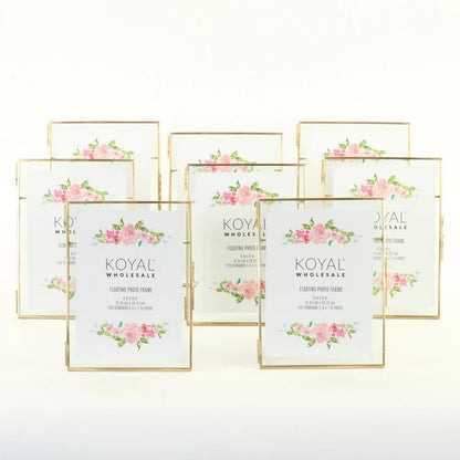 Gold Pressed Glass Floating Photo Frames 6 X 9 Inch, 8−Pack with Stands, Horizontal / Vertical Pictures