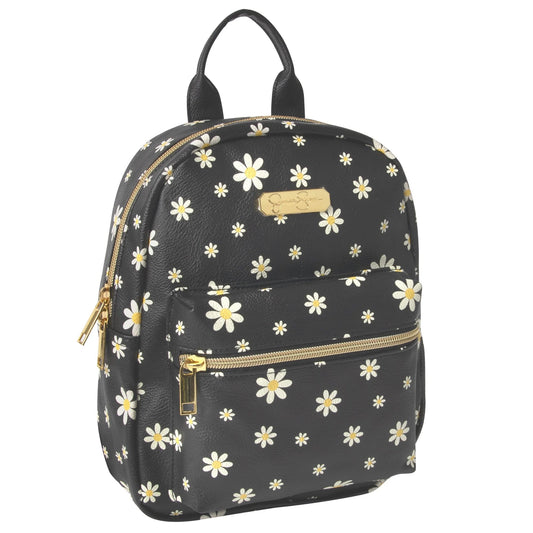 Mini Waterproof Vegan Leather Backpack for Women, Teens and Girls for Work, School, Recreation, Commuting & Traveling in Black Flowers