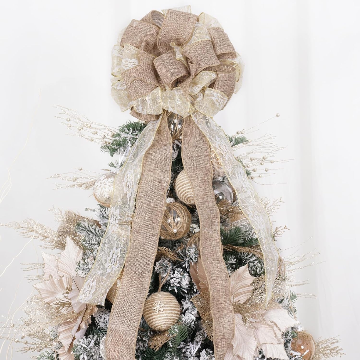 Christmas Tree Topper,Christmas Ornament with Glitter Satin Mesh Streamer,For Your Christmas Decor (Circle Tree Topper, Beige)