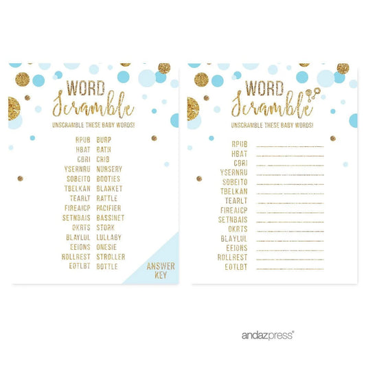 Word Scramble Game Baby Blue Gold Glitter Baby Shower Games, 20-Pack
