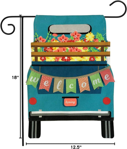Springtime Pickup Burlap Garden Flag Welcome Floral 12.5" X 18"