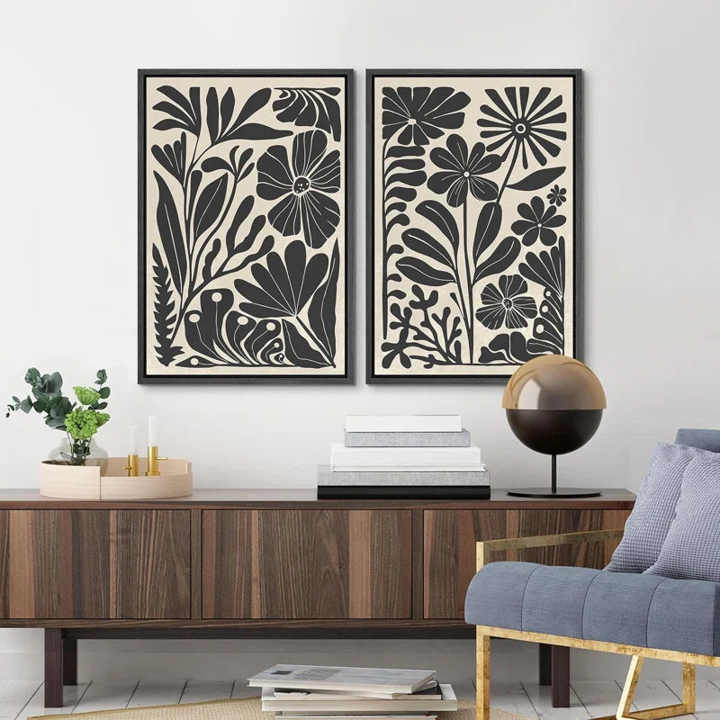 Abstract Botanical " Unique Black and White Floral Modern Boho Framed Canvas Print 2 Pieces Wall Art