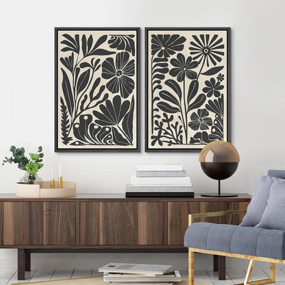 Abstract Botanical " Unique Black and White Floral Modern Boho Framed Canvas Print 2 Pieces Wall Art