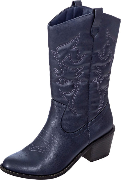 Cowboy Boots for Women Mid-Calf Boot Embroidered Stiching Western Cowgirl Boots Low Stacked Heel