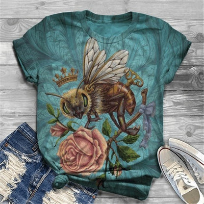 Bee Print Casual Round Neck Loose Short Sleeve Women's T-Shirt