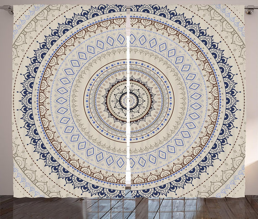 Mandala Curtains, Retro Eastern Backdrop with Swirled Harmonic Cosmic Lotus Yoga Boho Artwork, Living Room Bedroom Window Drapes 2 Panel Set, 108" X 63", Beige Blue