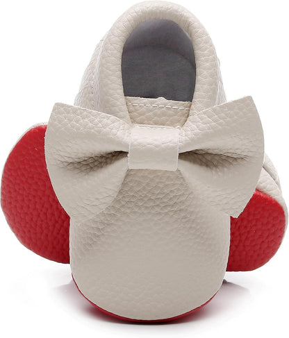 Double Bow Fringe Baby Moccasins - Soft Sole Baby Shoes Girls Toddler Crib Flats
