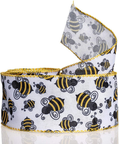 Bumble Bee Wired Edge Ribbon, Honeybee Print Ribbon for Wreaths, Gift Wrapping and Party Decoration, 10 Yards by 2.5 Inches