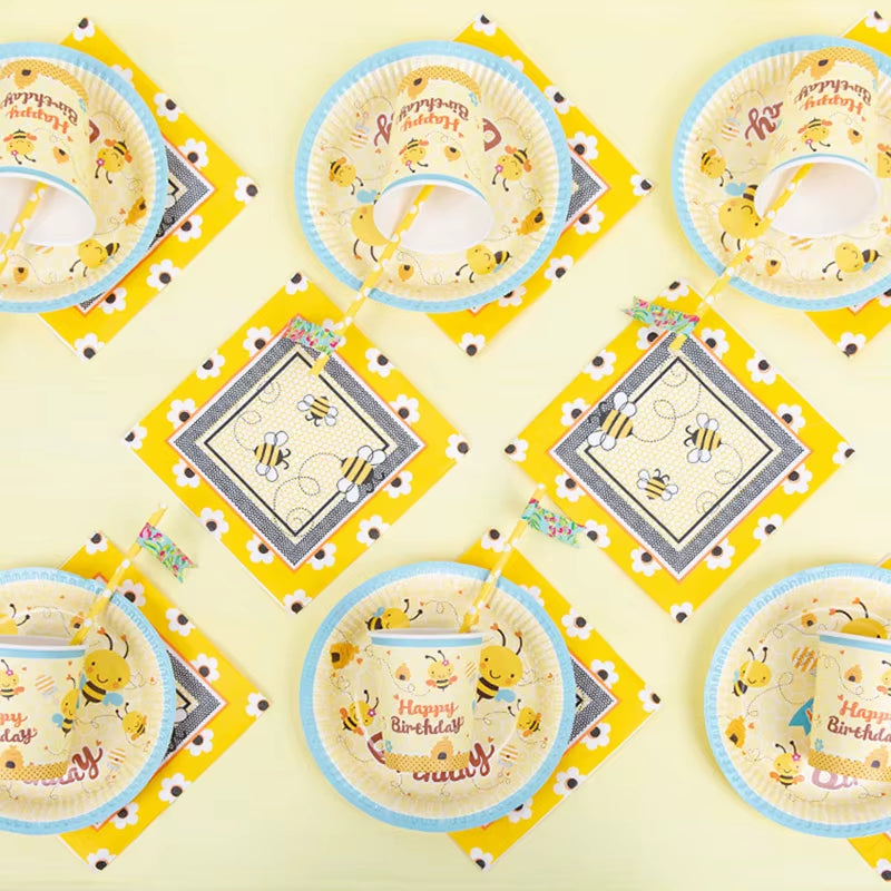 Cute Cartoon Honey Bee Disposable Tableware Plate Cup Kids Birthday Party Decorations Yellow Baby Bee Day Supplies