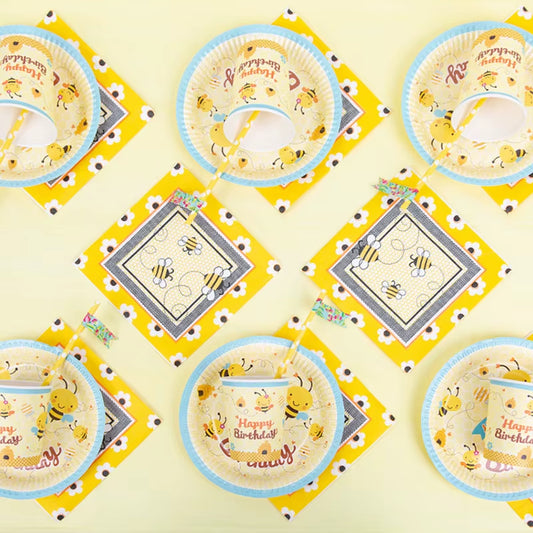 Cute Cartoon Honey Bee Disposable Tableware Plate Cup Kids Birthday Party Decorations Yellow Baby Bee Day Supplies