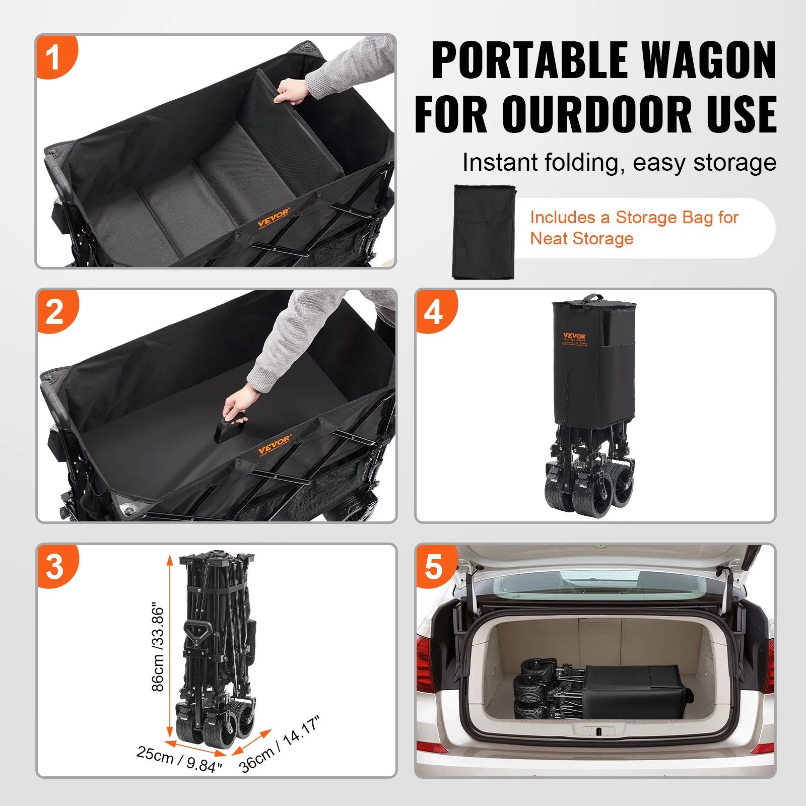 VEVOR Foldable Double Decker Wagon, 400L Collapsible Wagon Cart with All-Terrain Wheels, Heavy Duty Folding Wagon Cart 450 Lbs Weight Capacity for Camping, Shopping, Garden, 52 Extra Long Extender
