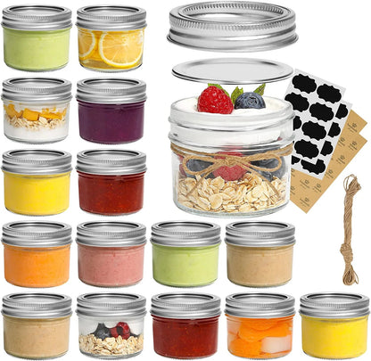 Mini Mason Jars 4Oz - 16 Pack, Regular Mouth Mason Jar with Lids and Seal Bands, Small Glass Canning Jar for Spice, Jam, Honey, Jelly, Dessert, Shower Wedding Favors, DIY Candles Decor
