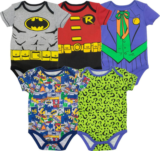 Justice League DC Comics Baby 5 Pack Cosplay Costume Bodysuits Newborn to Infant Sizes (Newborn - 24 Months)