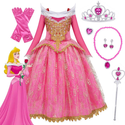 Girls Princess Dress up Aurora Fancy Dresses Birthday Party Cosplay for Kids Evening Gown with Accessories