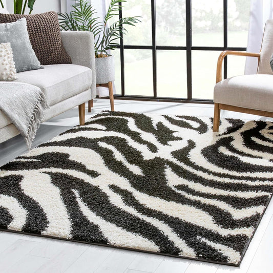 Madison Shag Safari Zebra Black Animal Print Area Rug 5' X 7'2''