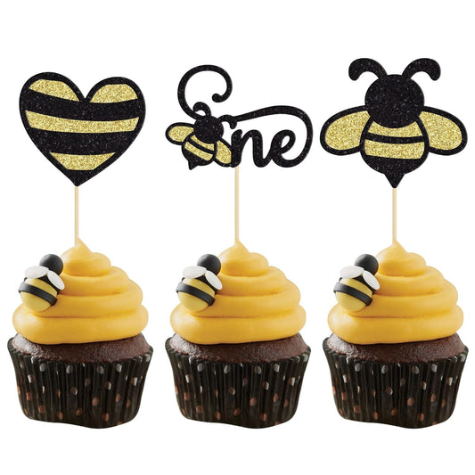 24Pcs Bumble Bee One Cupcake Toppers Heart Bumble Bee Cake Decorations for Boy Girl 1St Birthday Decorations Bee Baby Shower Beehive Honey Party Supplies