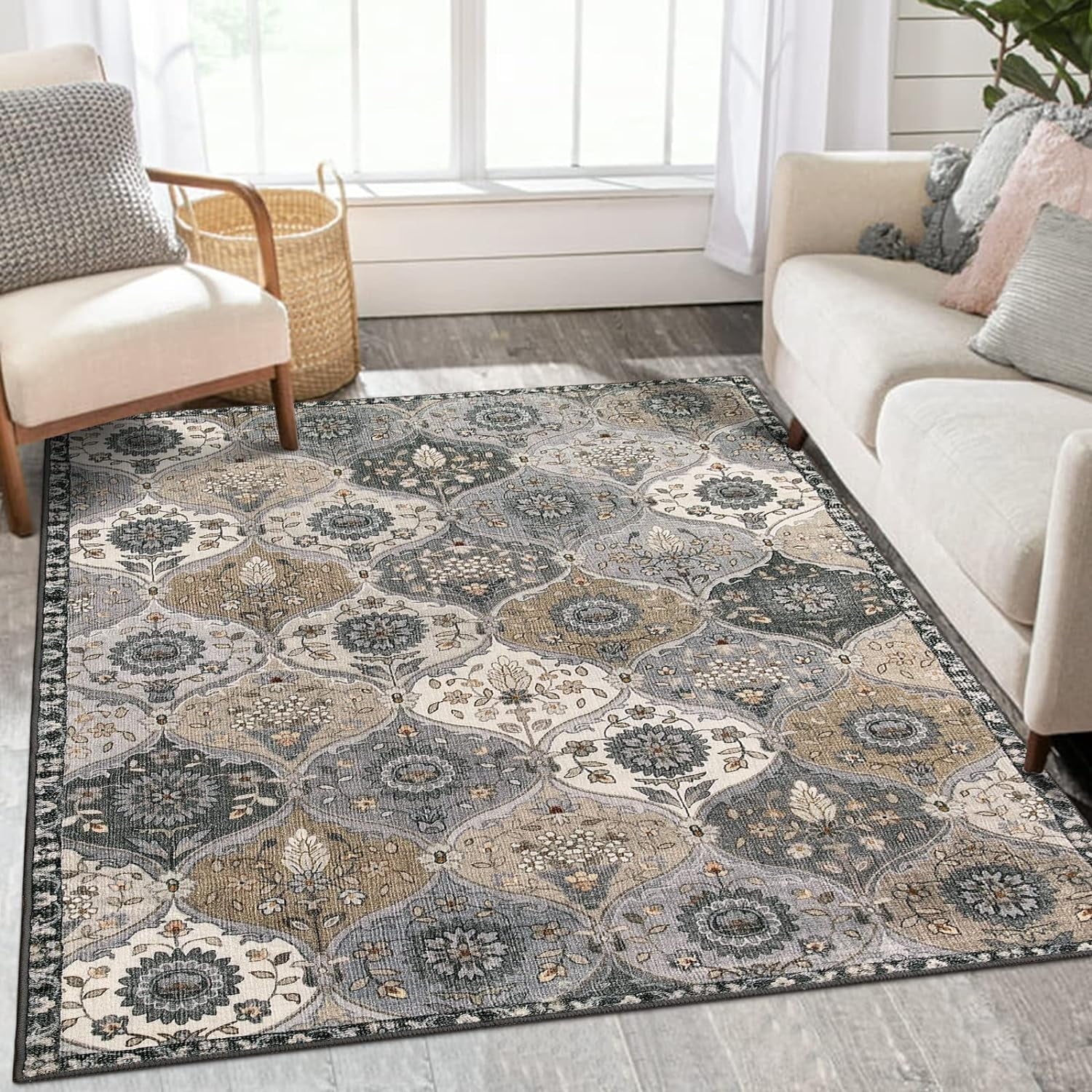 5'X7' Area Rug for Living Room Non-Slip Moroccan Indoor Washable Rug Ultra-Thin Foldable Soft Carpet Floral Accent Throw Rug for Kitchen Entryway Bathroom Bedroom Office Carpet,Grey