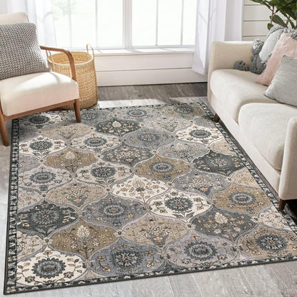 5'X7' Area Rug for Living Room Non-Slip Moroccan Indoor Washable Rug Ultra-Thin Foldable Soft Carpet Floral Accent Throw Rug for Kitchen Entryway Bathroom Bedroom Office Carpet,Grey
